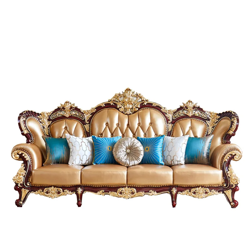 

European leather sofa red sandalwood gold foil first layer cowhide living room solid wood