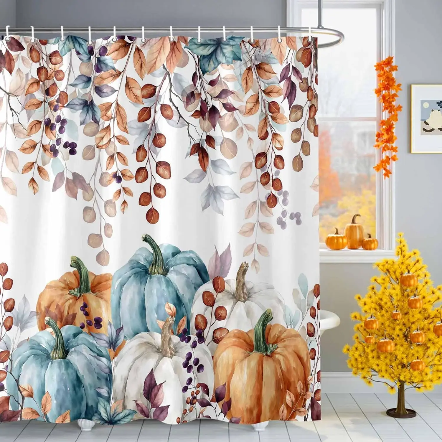 New in 2026 Fall Thanksgiving Shower Curtain, Watercolor Autumn Pumpkins Eucalyptus Leaves Shower Curtains Set with Hooks, Blue Orange Waterproof FabricBathroom Decor Home Accessories,72 X 72 Inch Long