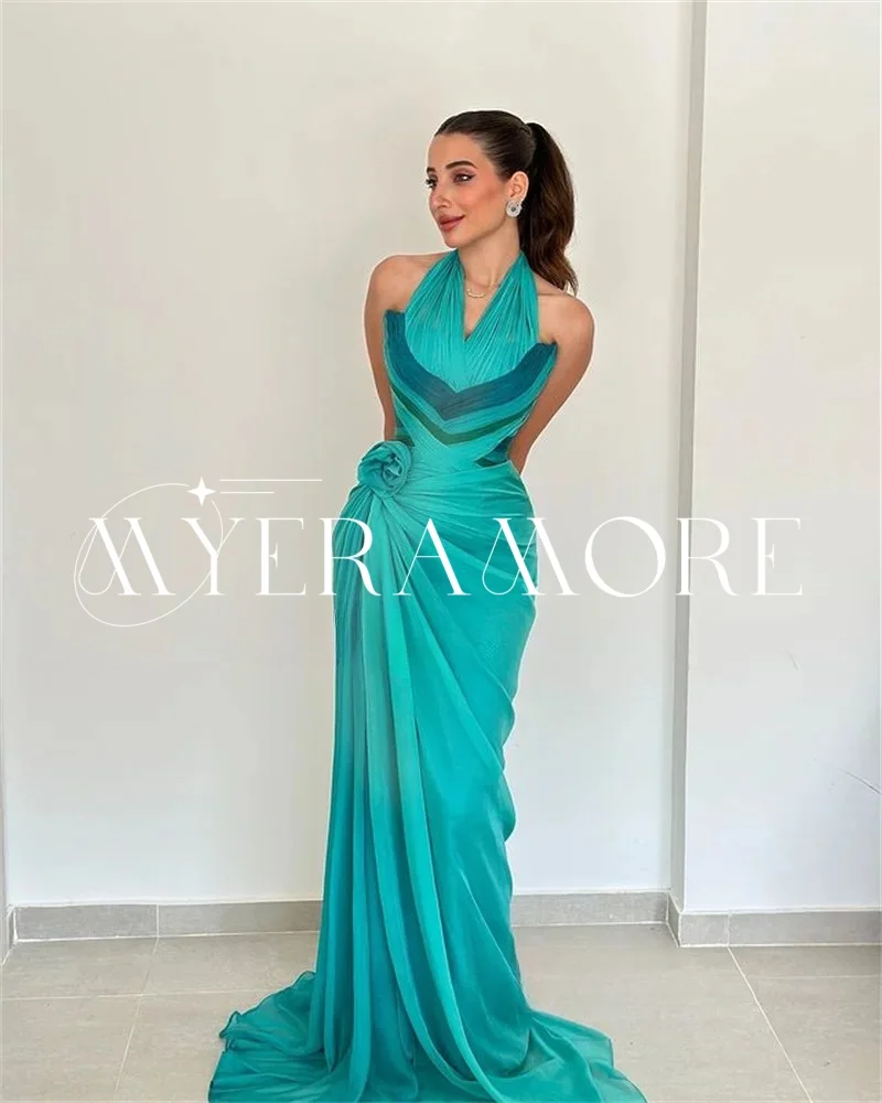 Robes de soirée modernes en mousseline de soie licou pour femmes sirène plis fleur balayage train robes de bal personnalisé فساتmavera