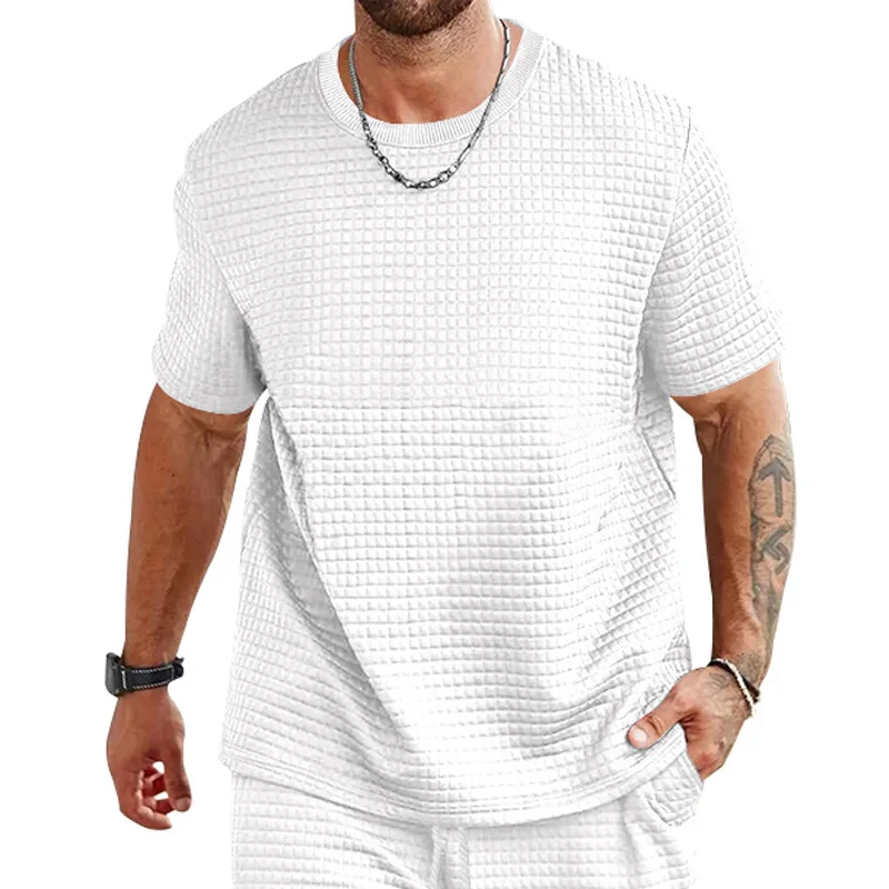 New Cross-Border Sports and Leisure Short-Sleeved Solid Color Round Neck Small Checkered T-Shirt Fashionable Men's Clothing