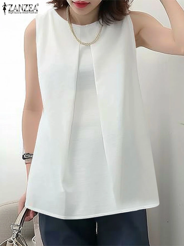 ZANZEA-Camiseta sin mangas plisada básica para mujer, chaleco liso coreano, informal, holgado, de corte en A, Tops de cuello redondo para vacaciones, 2024