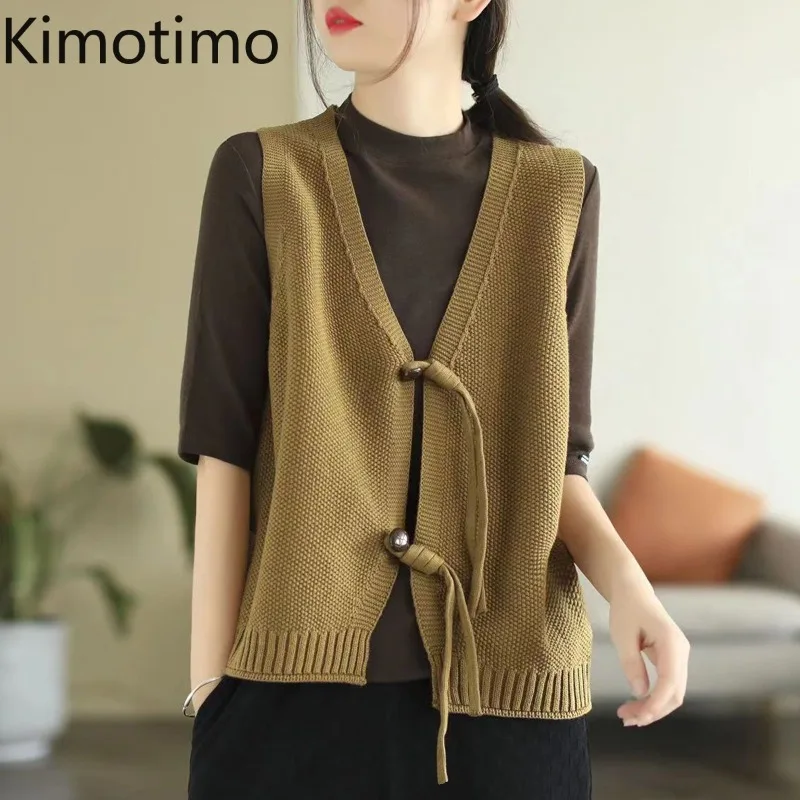 Kimotimo Vintage Fashion Sweater Vest Women 2024 Autumn V Neck Frog Buckle Sleeveless Cardigan Solid Casual Overlap Knitted Tops