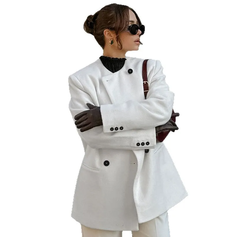 الحد الأدنى الخريف المرأة البدلة سترة بيضاء الخامس الرقبة مزدوجة الصدر جيوب أبلى للإناث سليم صالح منتصف طول معطف سيدة #5