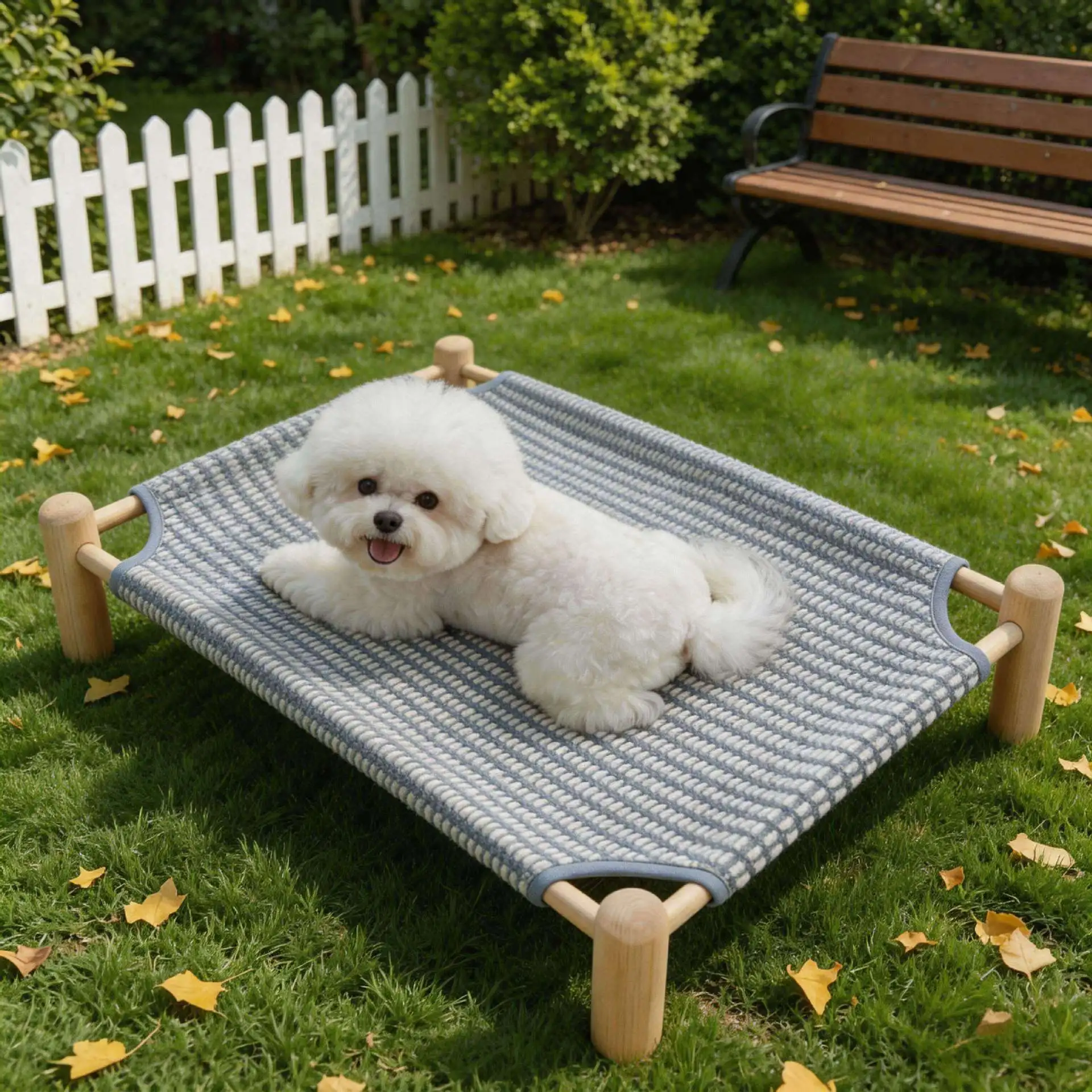 Wooden Frame Raised Dog Bed Woven Fabric Pet Cot Washable Portable Dog Sleeping Bed for Small Medium Dogs Cats