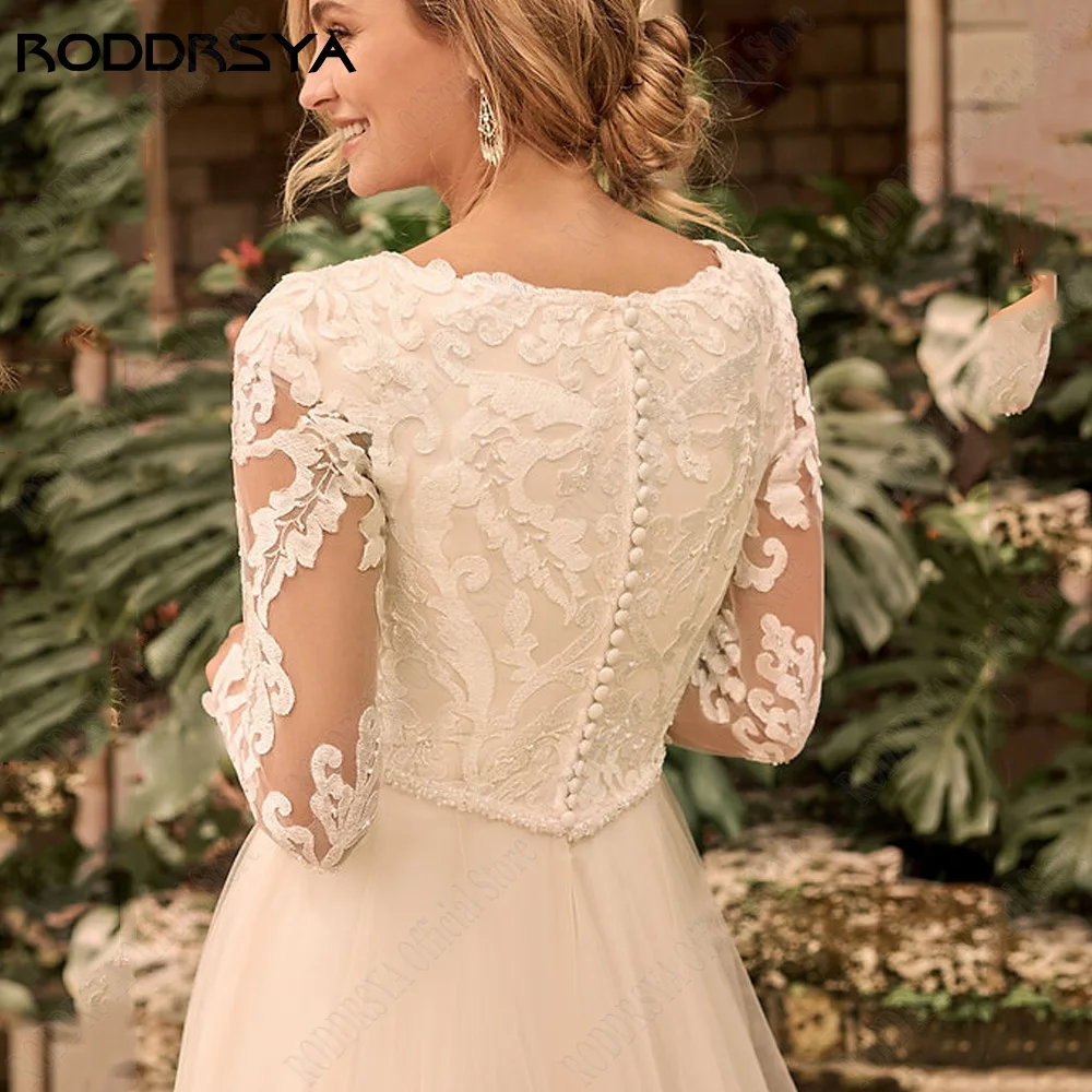 RODDRSY-vestido de novia de manga larga, traje de novia con cuello redondo, corte en A, apliques de encaje, talla grande, 2024Vestido de novia de manga larga roddrsy 2024 novia o cuello a calcomanía de encaje de vestid