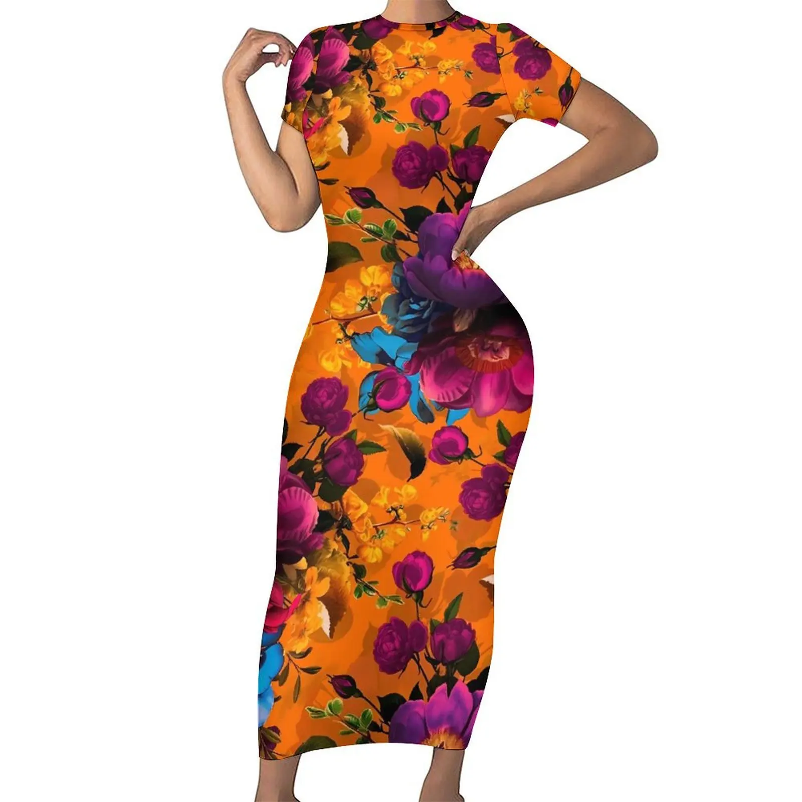 

Retro Flower Print Dress Short Sleeve Mystic Botanical Aesthetic Maxi Dresses Elegant Bodycon Dress Women Oversized Vestido