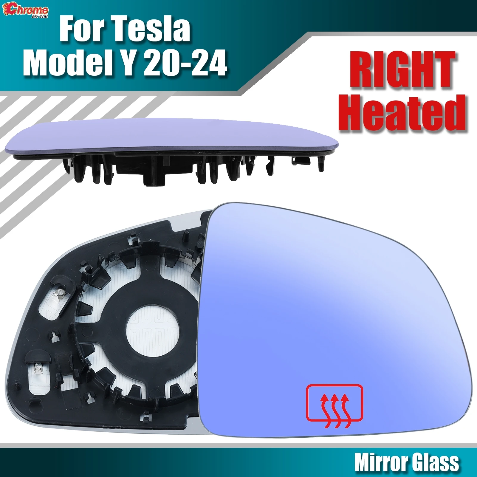 For Tesla Model Y 2020-2024 Heated Right Side Exterior Mirror Glass Blue Anti-Glare Rearview Mirror Reflective Mirror Clip-on