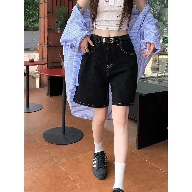 Denim Shorts Women's Straight Hong Kong Style Loose Black Mid-pants Summer Thin High-waisted Mid-length Shorts