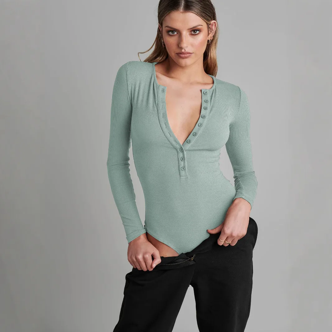 

Y2K Sexy Jumpsuit Button Stitched Tight Long Sleeve Regular Fit for American and European Women Summer