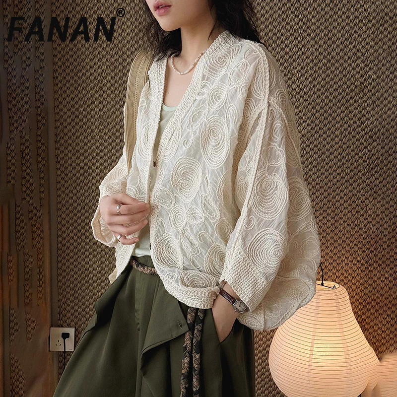

Элегантные вязаные рубашки FANAN с вышивкой для женщин, с V-образным вырезом, длинным рукавом, свободные офисные блузки, женские, весна 2026, новинка