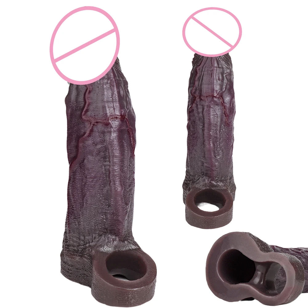 SXXY Ultra Soft Realistic Black Penis Sleeve Male Extender Lifelike Hollow Dildo  Body Safe Cock Enhancement Toy Intimate Goods view 4