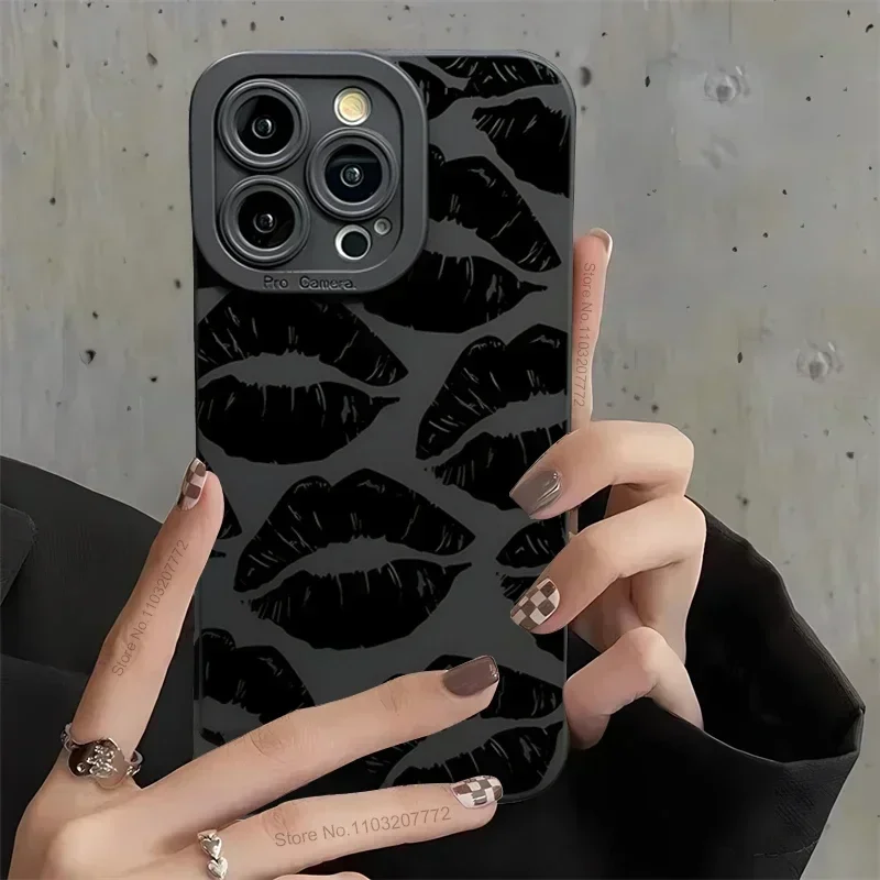 Luxury Gothic Style Kiss Print Cases For iPhone 11 13 12 14 15 Pro Max Plus Black Lip Matte Case Shockproof Soft Silicone Cover