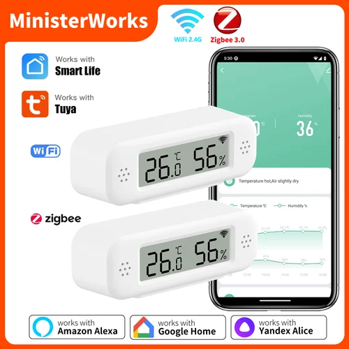 Tuya WiFi Zigbee 3,0 Sensor de temperatura humedad higrómetro termómetro aplicación remota Monitor funciona con Yandex Alexa SmartLife