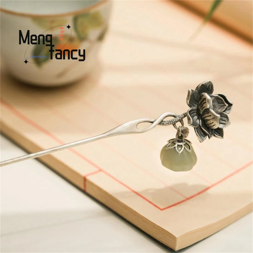 

Vintage Silver-plated Hetian Jade Lotus Hairpin Step Ancient Style Hanfu Headdress Sexy Young Girls Exquisite Fashion Jewelry