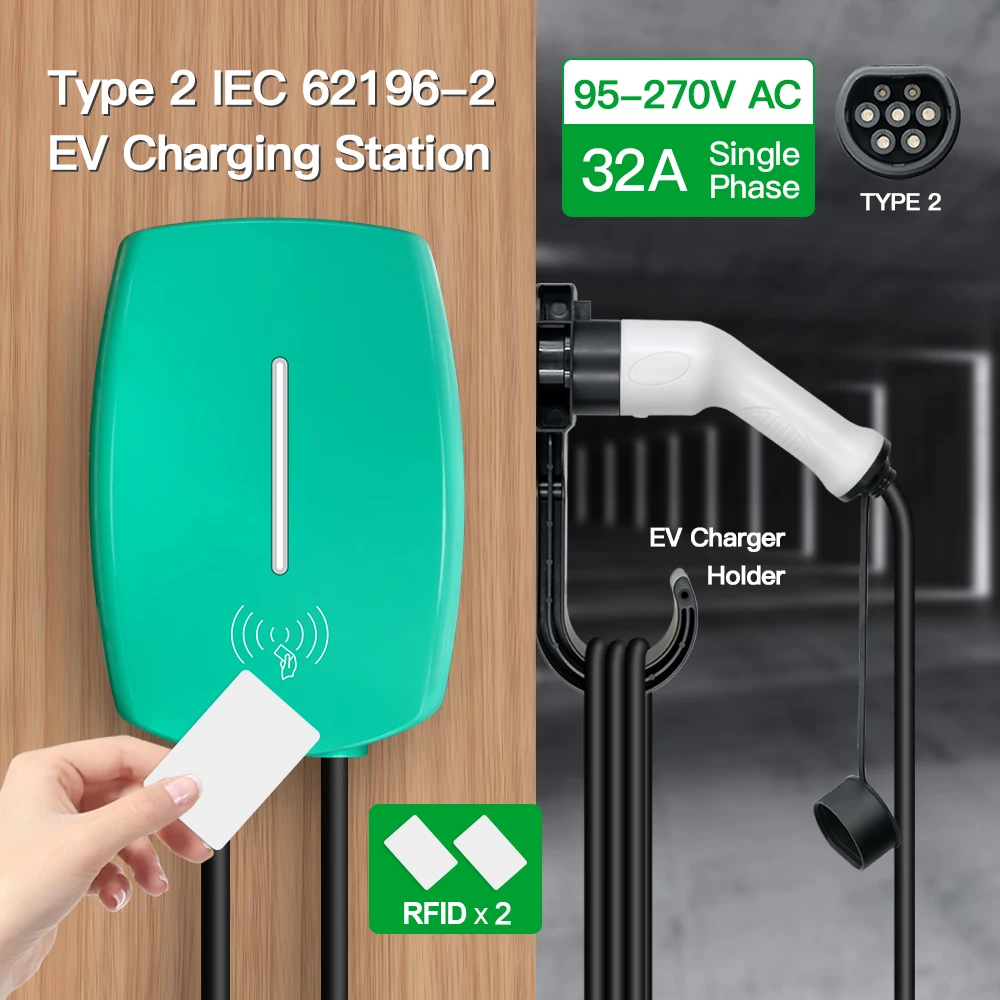 Sygreen EV Charging Station 32A 1P Electric Vehicle Car Type 2 EVSE Wallbox Wallmount 7.6KW Cable 5M With RFID Card