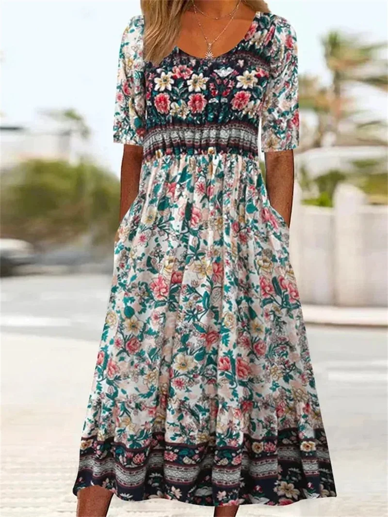 Elegante vestido estampado boêmio feminino, manga curta, plissado, bainha grande, verão, casual, feriado, fêmea, vestido longo de cintura alta, 2024