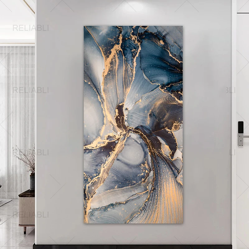 3 Panels Abstract Golden Blue Canvas Paintings  Big Size Marble Posters And Prints Wall Art Pictures for Living Room Home Decor