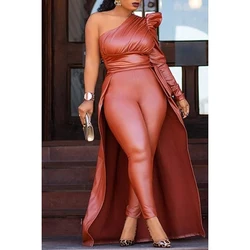 Plus Size Vegan Leather One Shoulder Solid Pants Set