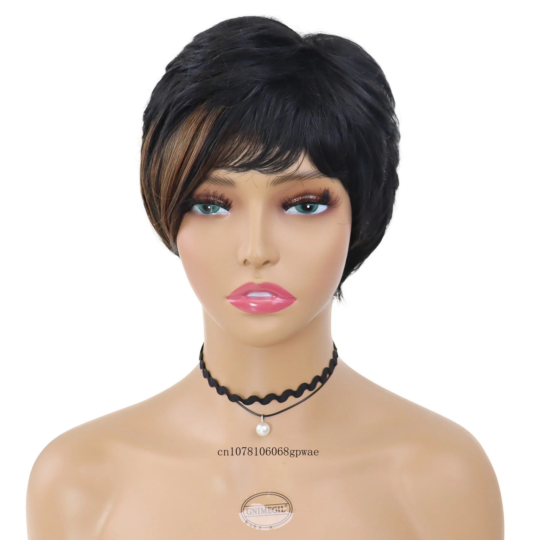 Synthetic Short Pixie Cut Wig for Women Natural Wave Haircut Black Mix Brown Hair Slanted Bangs Mommy Gift Wig Heat Resistant