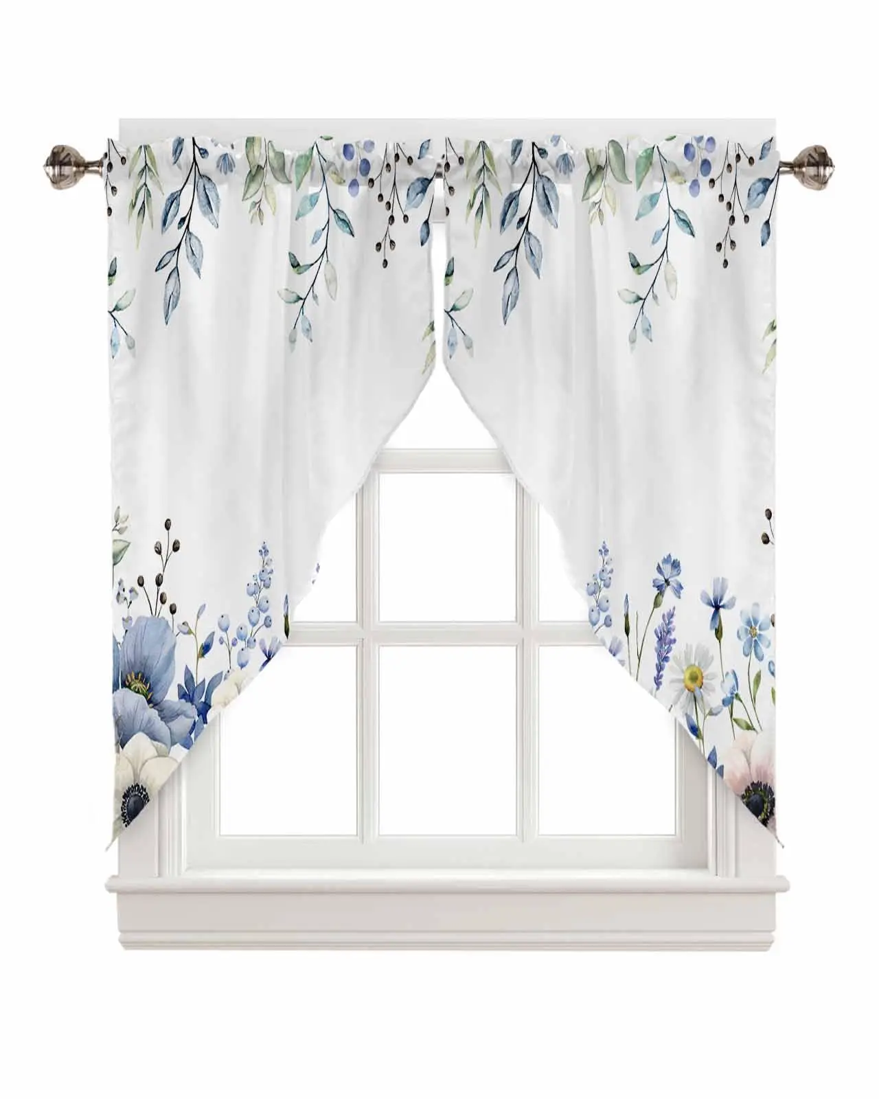 Blue Flowers Wildflowers Eucalyptus Leaves Rod Pocket Kitchen Valance Curtains Scalloped Swag Living Room Bathroom Window