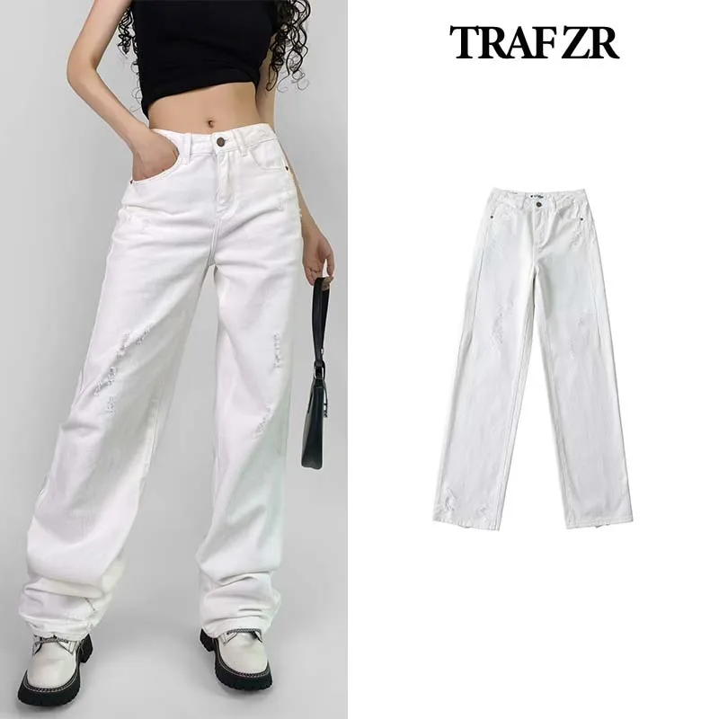 TRAF ZR Ripped Jeans High Waisted Pants Women Newjeans Basics Street Jean Baggy Pants for Women Vintage Denim Woman Trousers