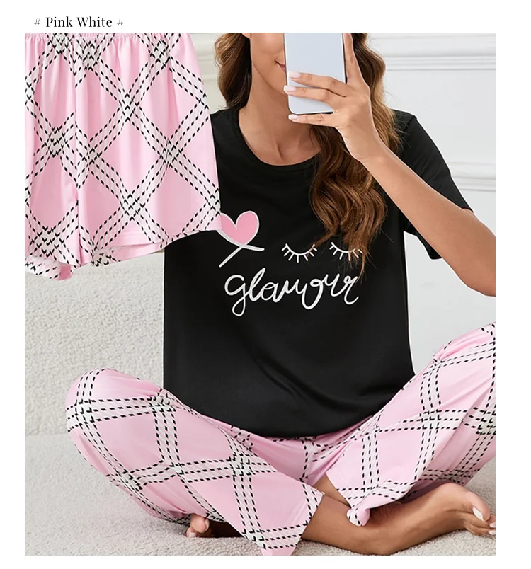 Damen-Pyjama, Heimanzug, weicher Komfort, Nachtwäsche, Loungewear, Herbst, Rundhalsausschnitt, Tops und Shorts, Pyjamahose, 3-teiliger Pyjama für Damen – Detail 16