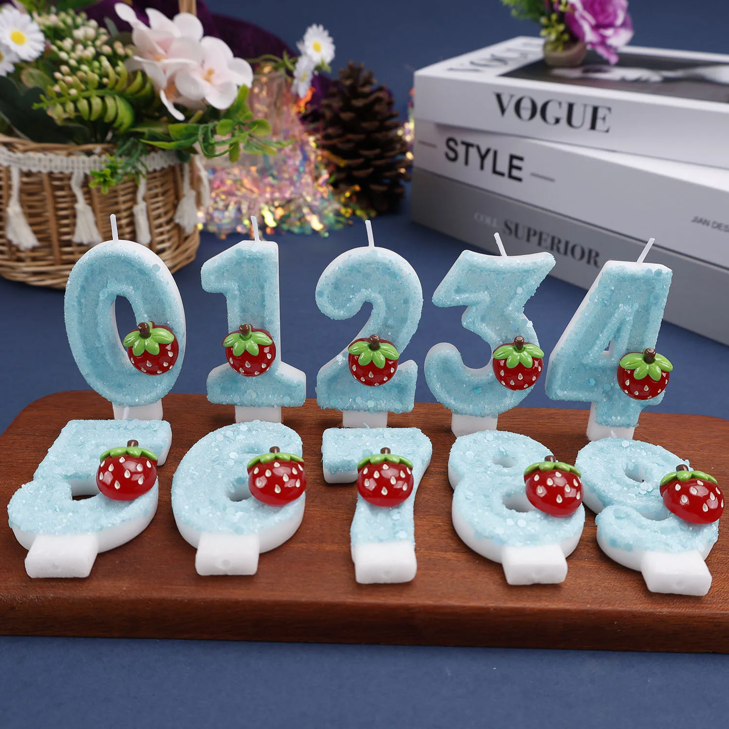 Fresh light blue digital candle, cute three-dimensional strawberry accessory candle, festival commemorative candle, party gift