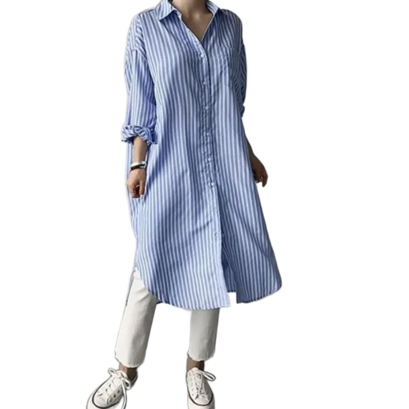 Women's New Style Spliced   lapel Buttons Fashionable Mid-length Striped Loose Long-sleeved Shirt Skirt