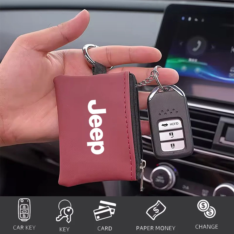 

Leather Keychain Pouch Car Emblem Key Wallet Card Bag For Jeep Patriot Willys Liberty Rubicon Trail Hawk Grand Cherokee Compass