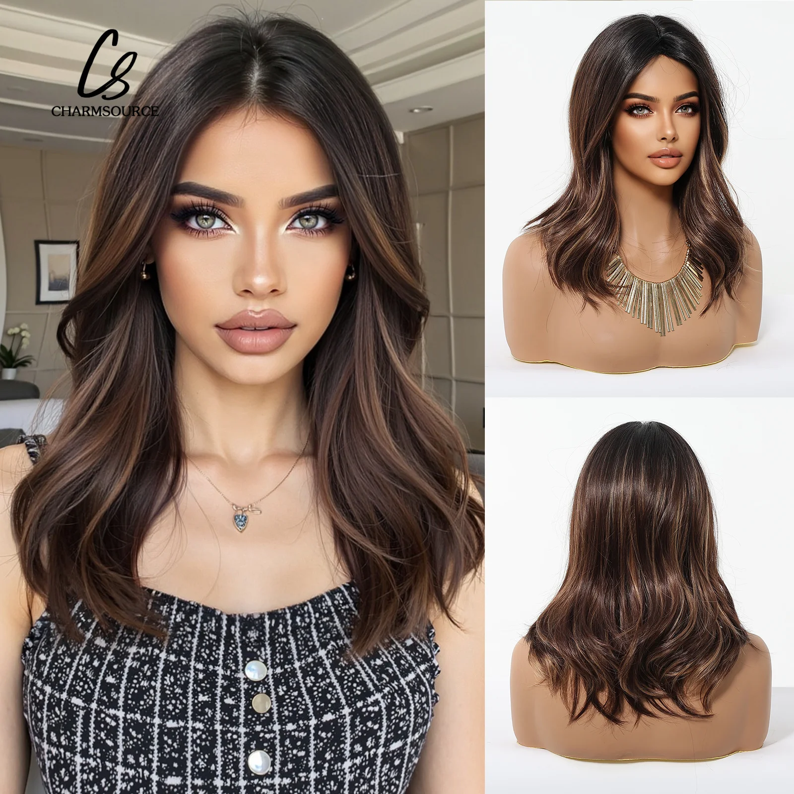 

CharmSource BOBO Short Synthetic Wigs Brown Higlith Natural Wave Hair Wig For Women Party Daily High Density Cosplay Halloween