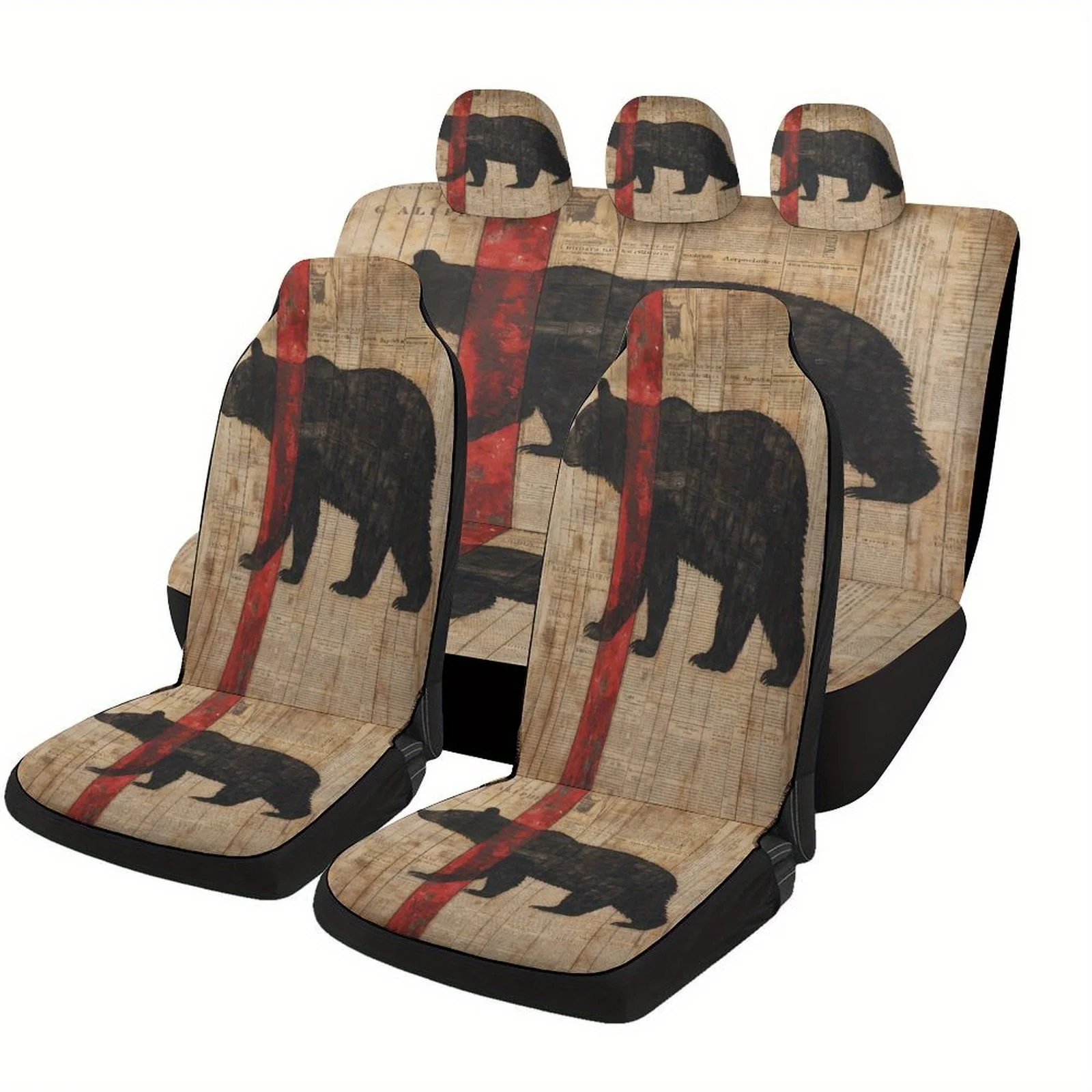 Black Bear Silhouette Themed Car Seat Cover Set For Most Cars, Fashionable Novelty Car Seat Protector Covers Full Set, Car Seat