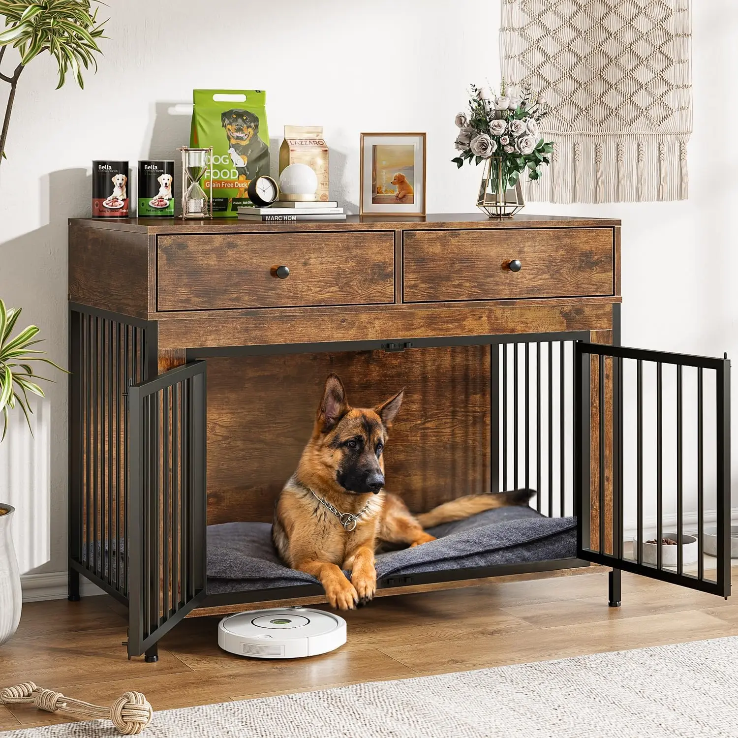 44 Inch Large Dog Crate Furniture with 2 Storage Drawers, Wooden Dog Kennel and End Table, Decorative Indoor Pet House