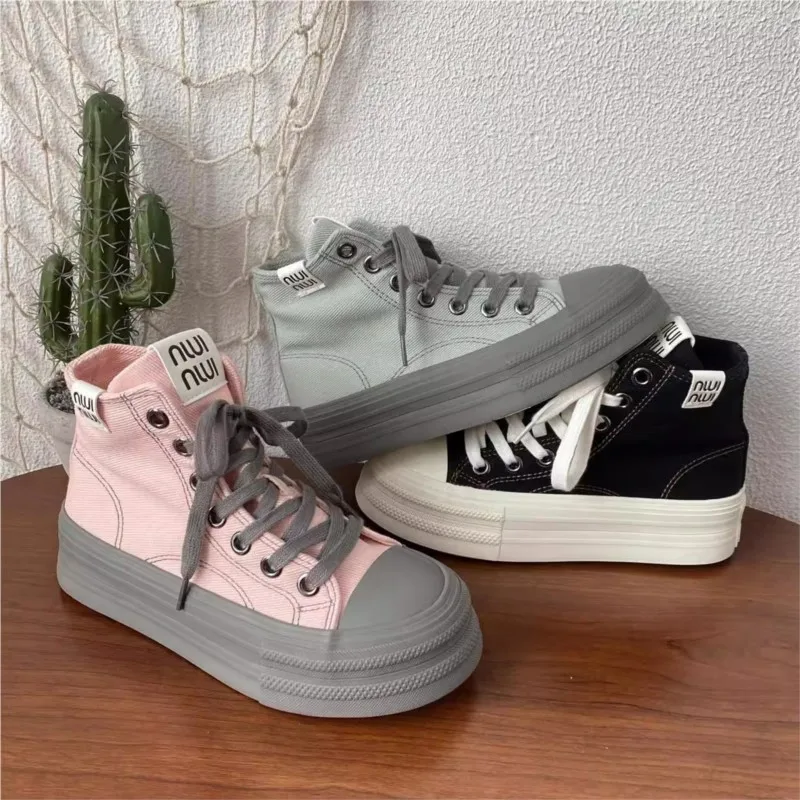 

2025 Spring High Top Canvas Sneakers Women's Chunky Platform Casual Shoes Breathable Trendy Everyday Slip-On кроссовки женские
