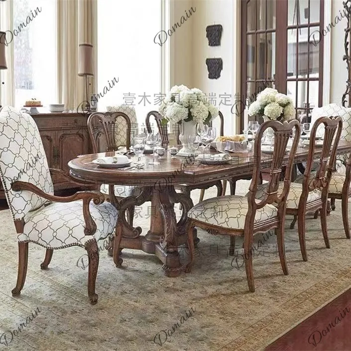 Exquisite classical old and retractable solid wood dining table villa home carved banquet table chair side cabinet