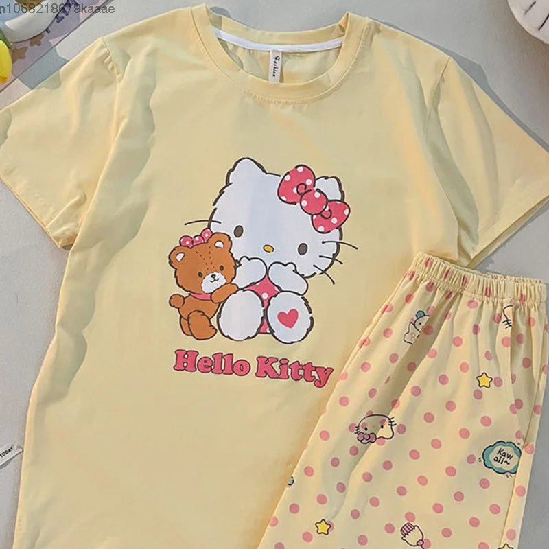 Sanrio Hello Kitty Cotton Home Clothes Cute Women Short Sleeve T-shirts Loose Shorts Summer Pajamas 2 Piece Set Y2k Sleepwear