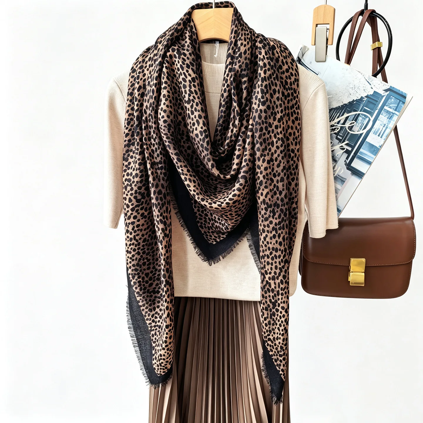 Women's Leopard Print 100% Wool Scarf Large Fringe Shawl Wrap Soft Warm Animal Pattern Neck Cover Shoulder Cape 140X140CM