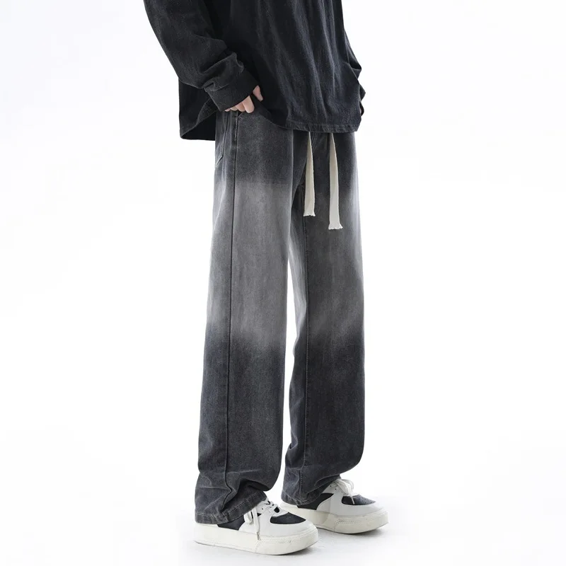 2025 Men's summer American retro casual straight leg versatile loose and simple washed, vintage wide leg denim pants EF-332