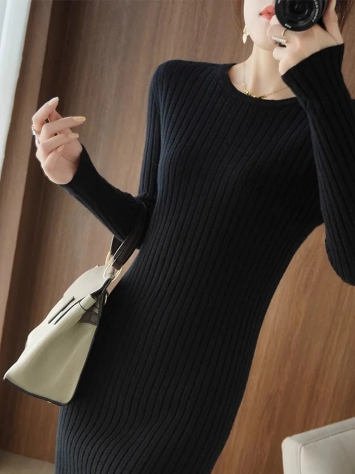 Women's Mid-Length Wool Dress Slim Fit Long Sleeve round Neck Pullover Single Piece All-Season Pure Color Inner Sweater Dress