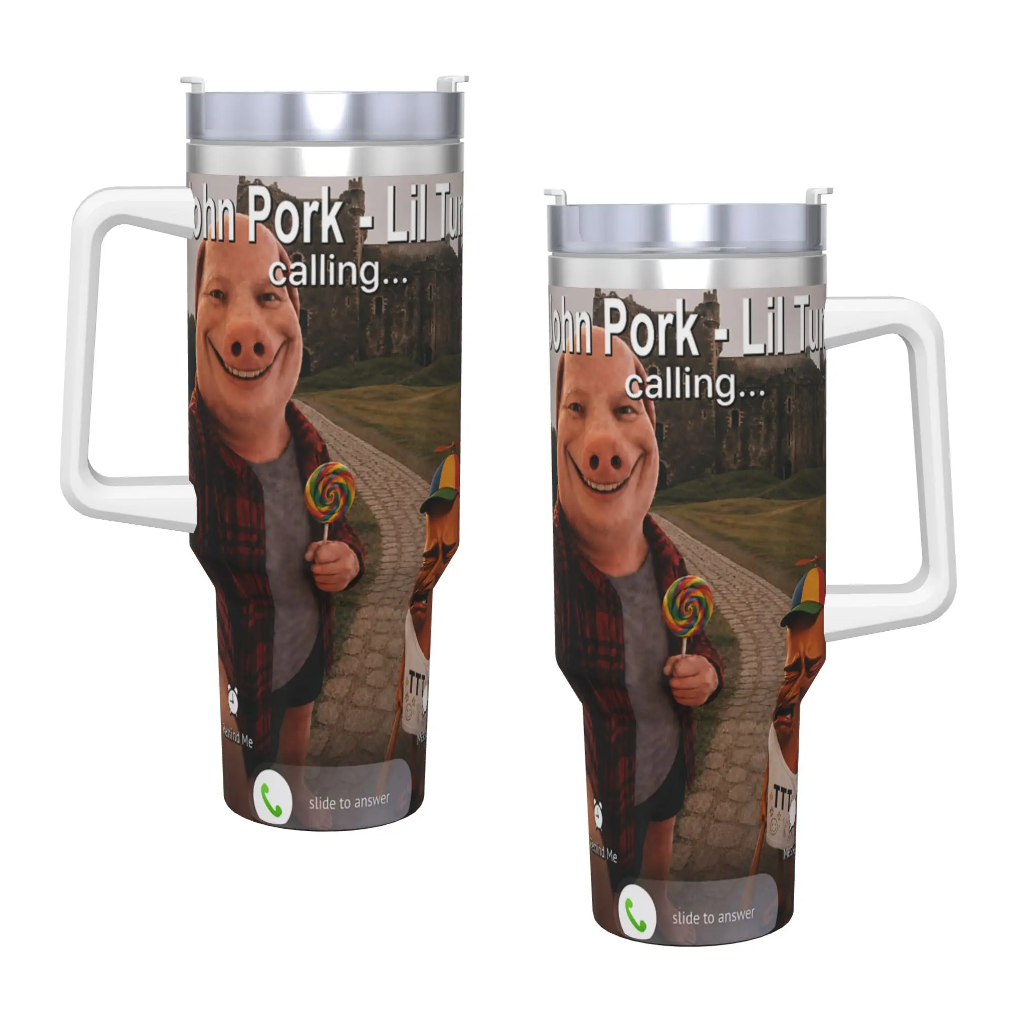 Stainless Steel Tumbler Lil Bro Tung Tung Sahur John Pork is Calling Brainrot Meme Mugs Cup With Straws Cold Drink Water Bottle