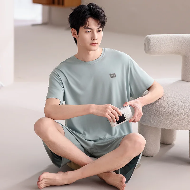 

Новый летний мужской комплект для сна из модала: футболка с круглым вырезом и коротким рукавом, повседневная домашняя одежда больших размеров, которую можно носить на улице, комплект из двух предметов