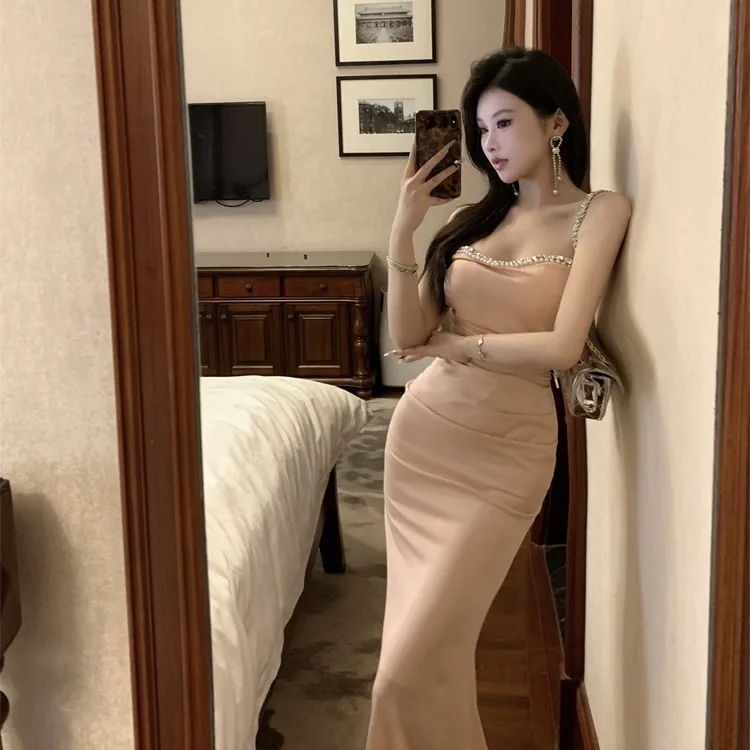 Sukienka Ele Heavy-Detail Drill Chain Strap Slimming Bodycon Fi Tail Dr Summer Trendy Mid-Length A-Line Gown bez ramiączek