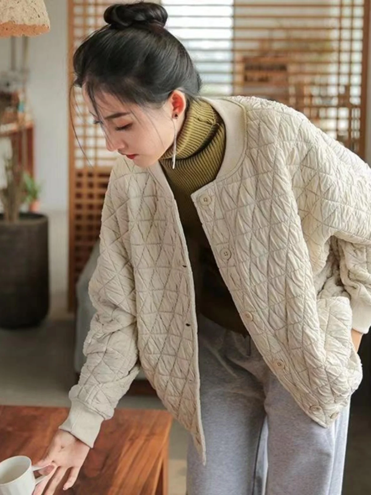 

plus Size 300 Pou Retro Artistic Cotton Jaet Women Loose Pure Color Diamond Pattern Cotton Clothes Autumn Winter