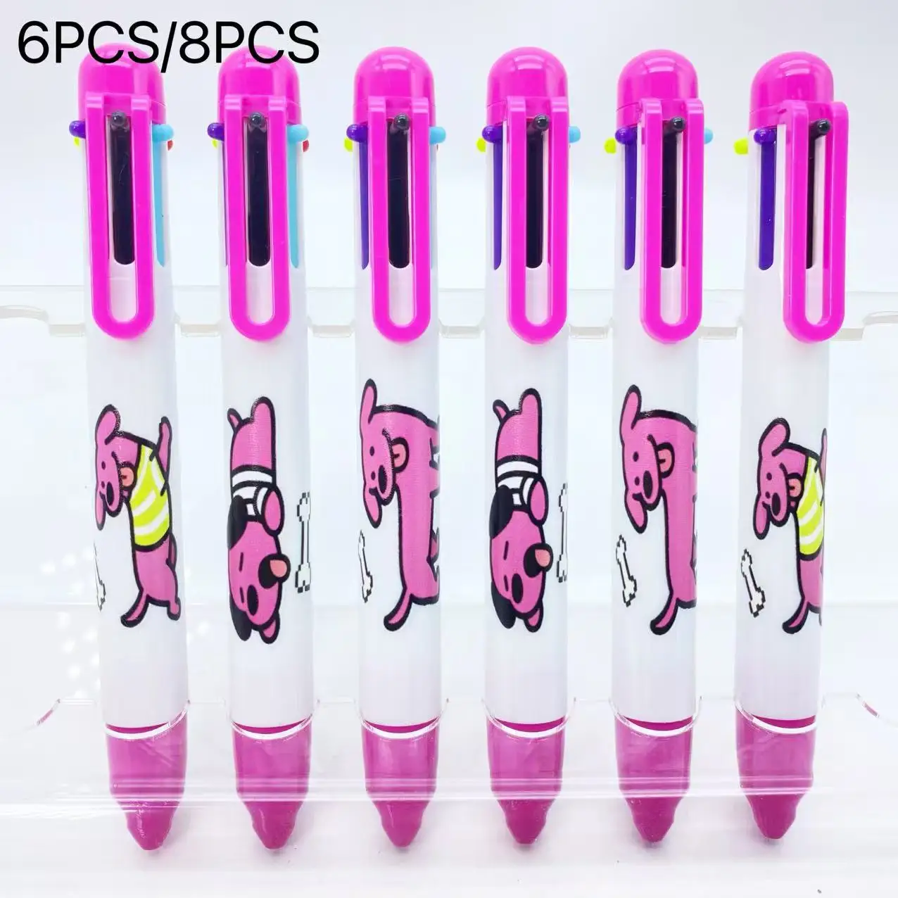 

6Pcs/8Pcs Pink Puppy Fun Set Multi-Color Ballpoint Pens Six-In-One Ballpoint Pen Writing Pen Student Marker Pen