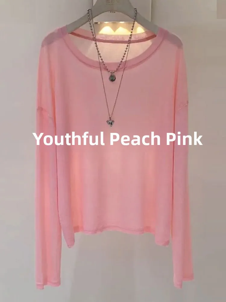 Summer New Style Women's round Neck Ice Silk Loose Fit Sun Protection Shirt Cover up Fashionable Base Top Candy Yellow