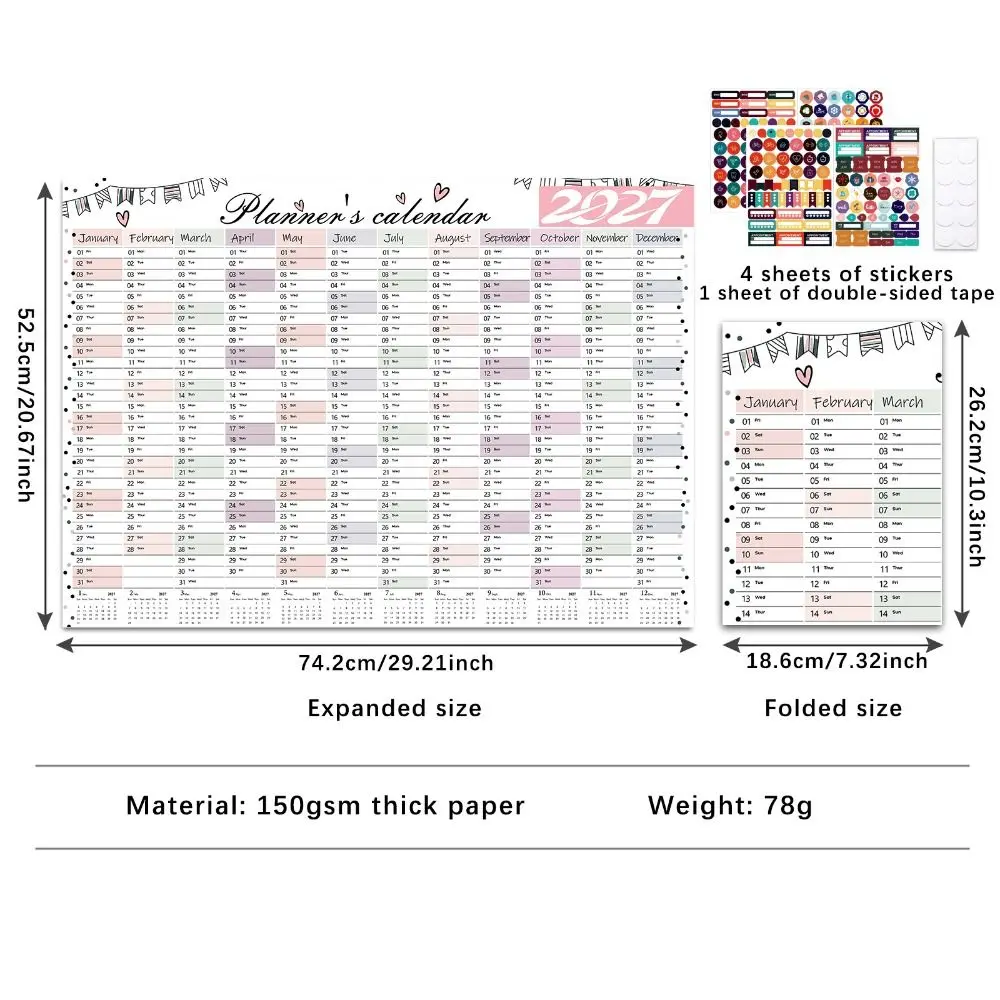 Paper 2027 Wall Calendar Writable Planning Grid Multicolor Layout 2027 Yearly Planner Agenda Organizer To Do List Schedule