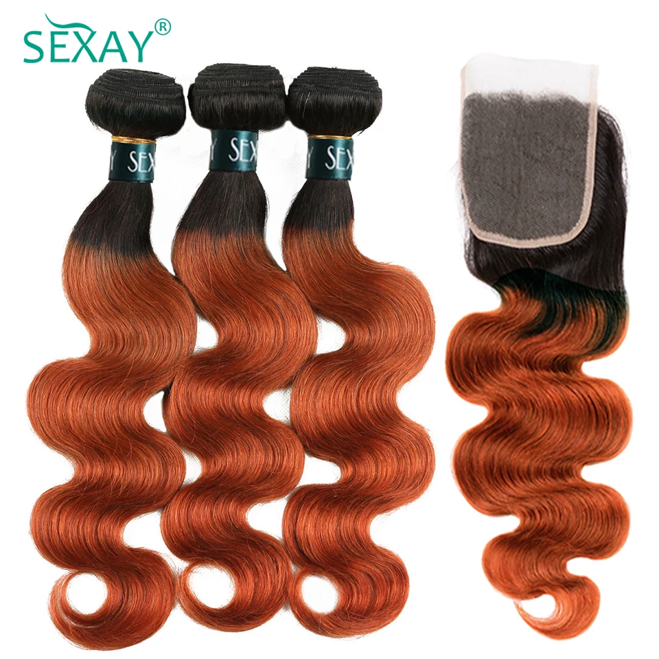 2 Tone Orange Human Hair Bundles With Closure Pre Plucked Ombre Orange #350 Color Body Wave Human Hair Bundles With Lace Closure
