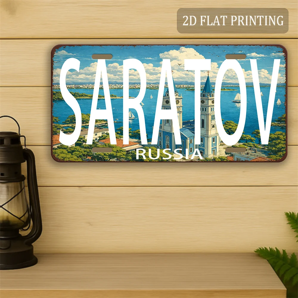 2D Flat, 2D Flat - 2D Flat 2D Flat - A 30.48X15.24cm Metal Wall Decor Sign Featuring a Vintage Travel Theme of Saratov Cityscape