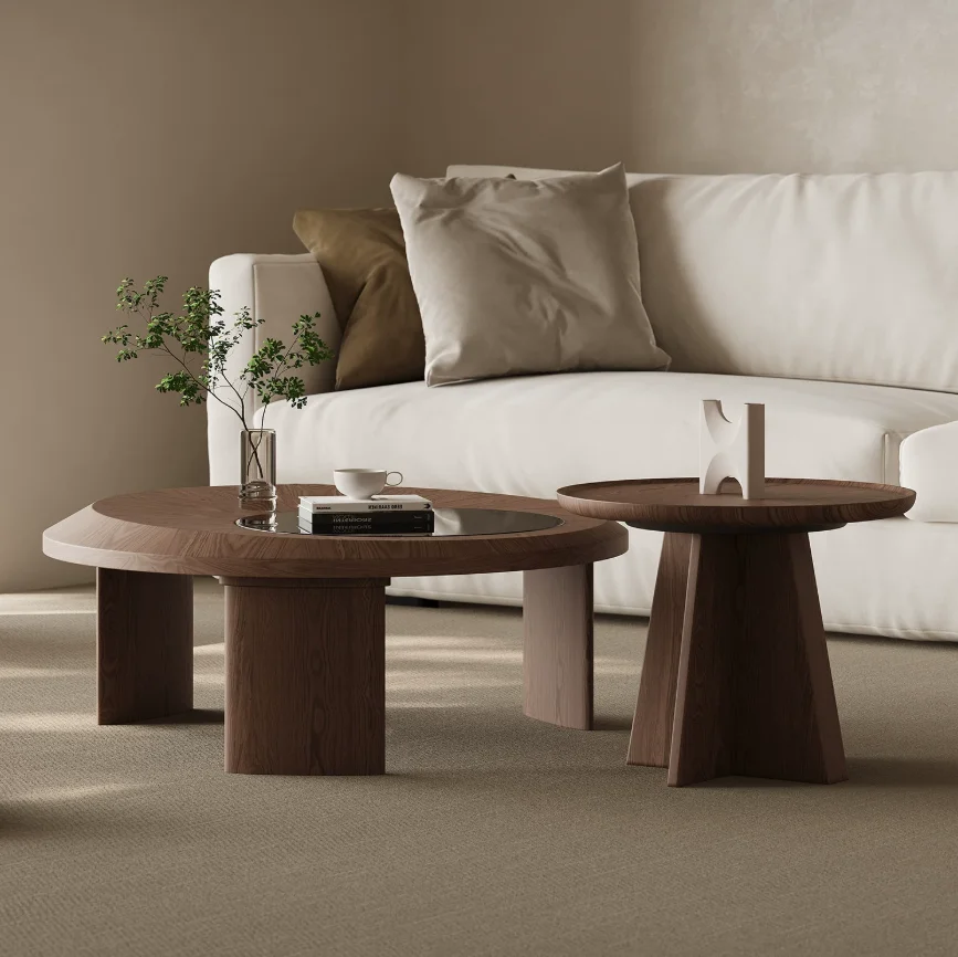 xx-Modern Minimalist Walnut Finish Round Glass Coffee Table Set, Creative Italian Style Center Table Home Living Room Sets&
