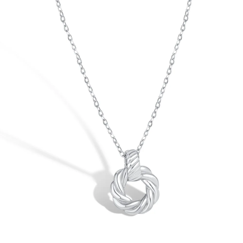 Korean S925 Silver Necklace Girls' ins Style Fried Dough Twists Plain Silver Round Pendant School Style Silver Necklace