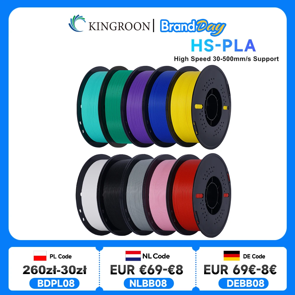 

KINGROON High Speed PLA Filament 1.75mm New HS-PLA 3D Printer Filament For 30-500mm/s Fast Printing Rapid PLA 5kg 10kg Mix Color